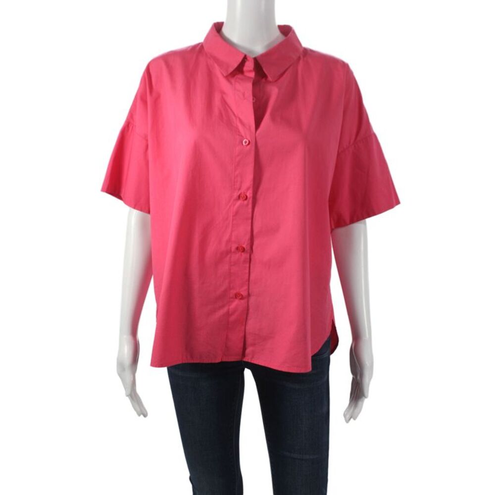 Calvin Klein Women Pink Collared Short Sleeve Button-Up 100% Cotton Size M